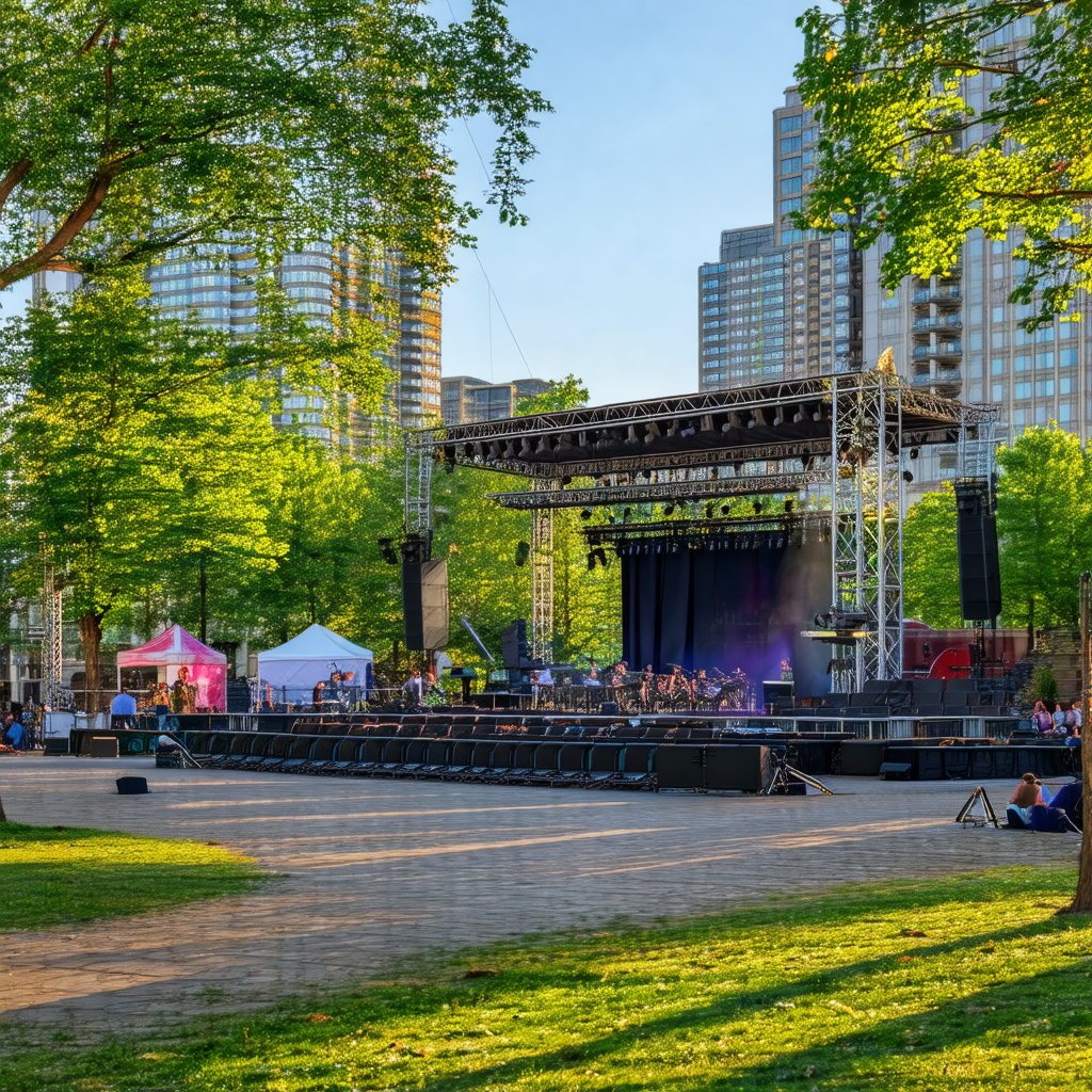 Large outdoor stage with a crowd of people gathered aroun...