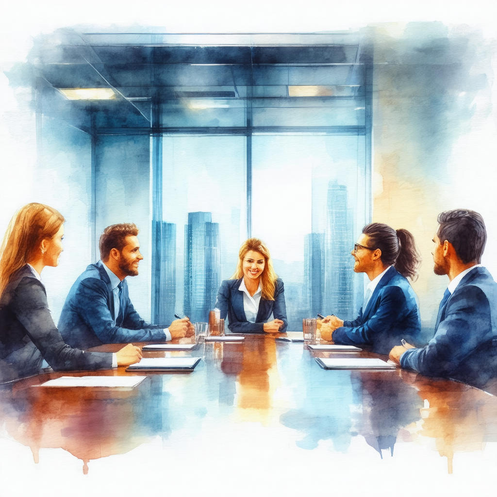 Group of people sitting around a large conference table, ...