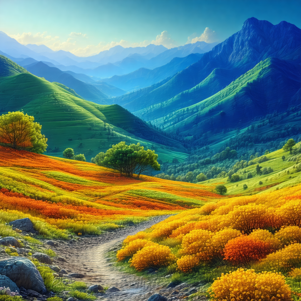 Beautiful painting of a mountainous landscape with a dirt...