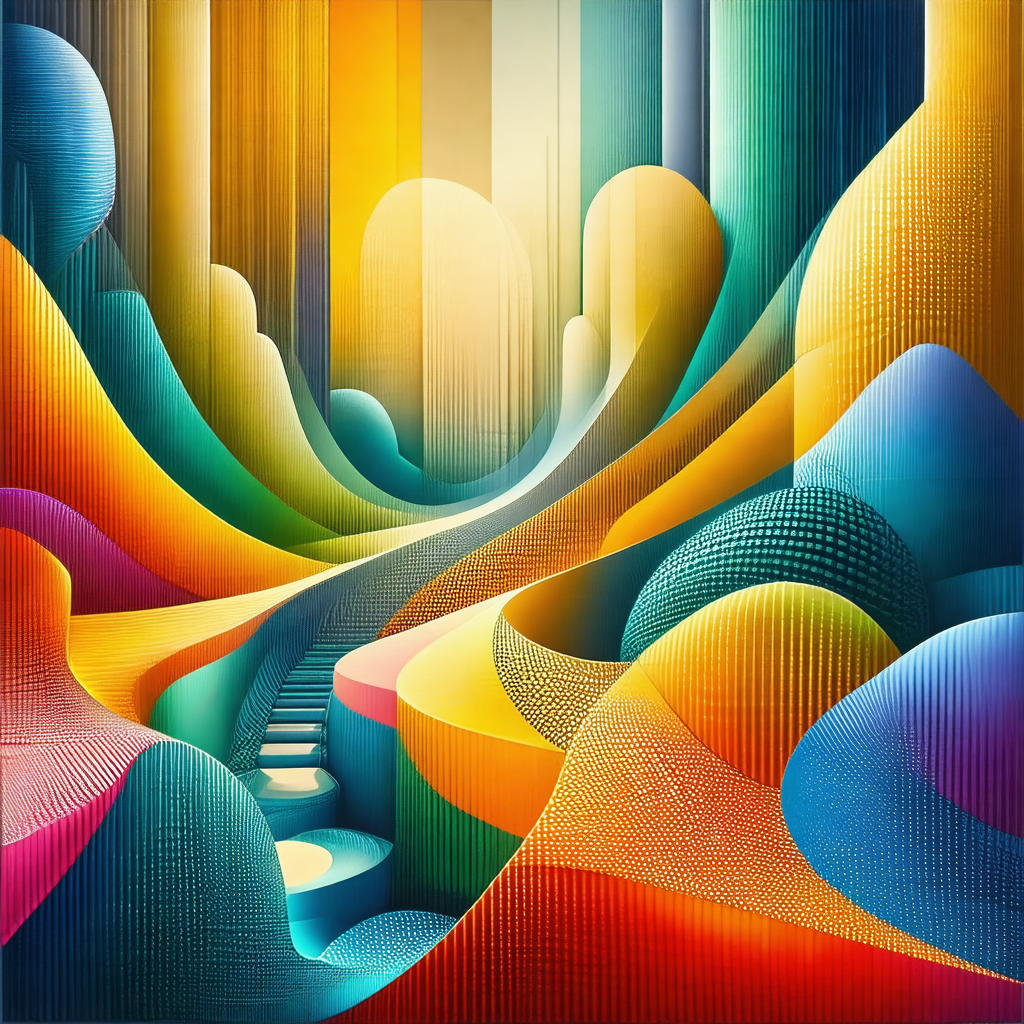 Colorful painting of a mountainous landscape