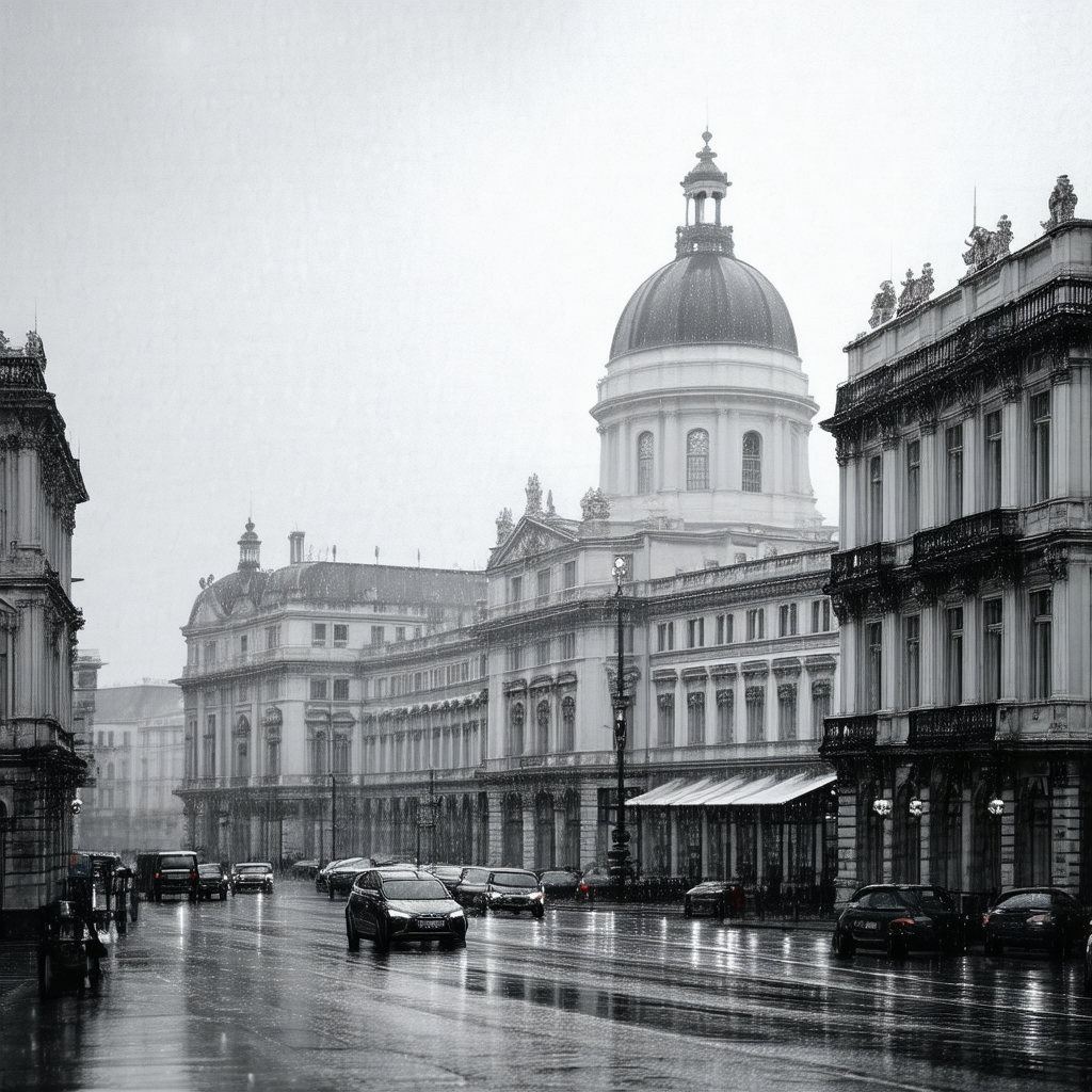 City street on a rainy day, with a large building in the ...
