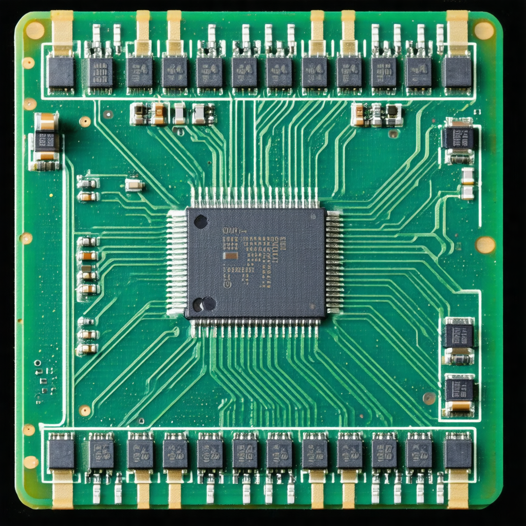 Close-up of a computer circuit board with a green background