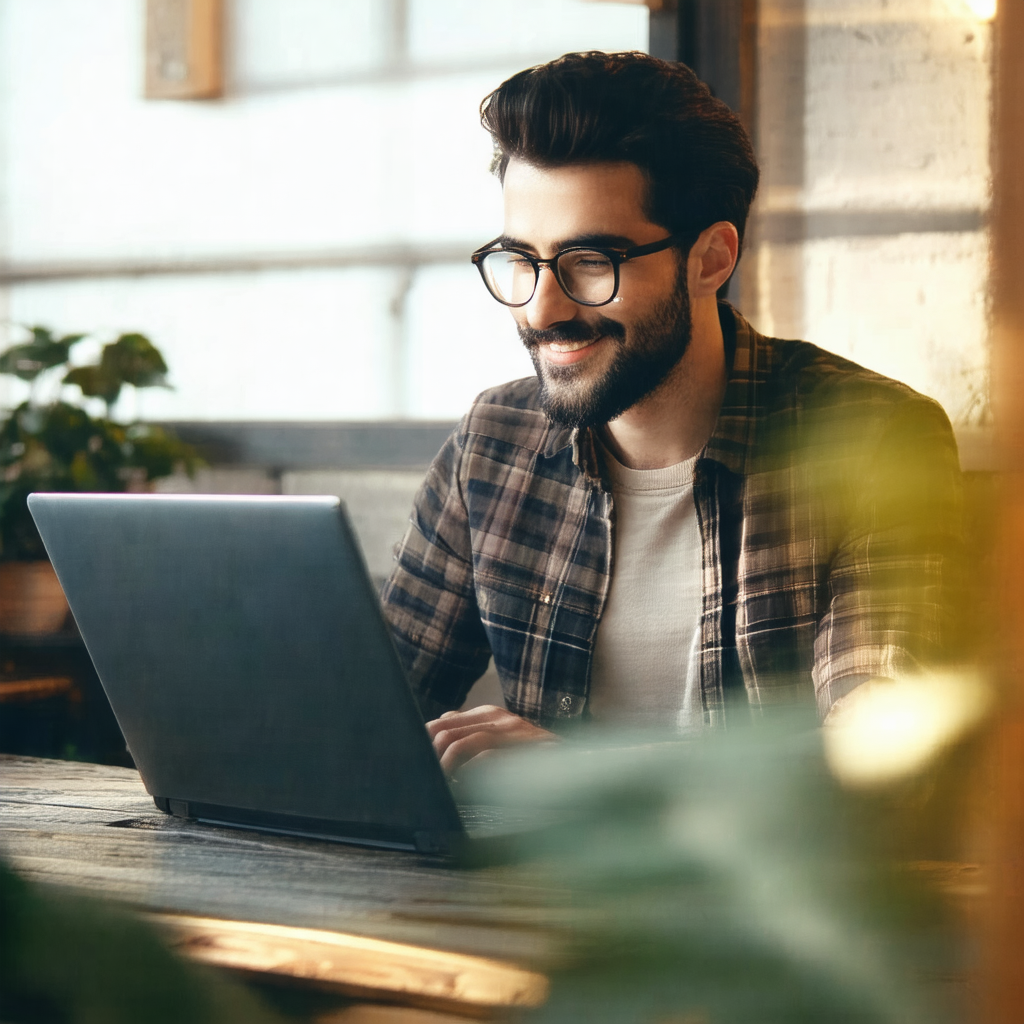 Man sitting at a dining table, working on his laptop