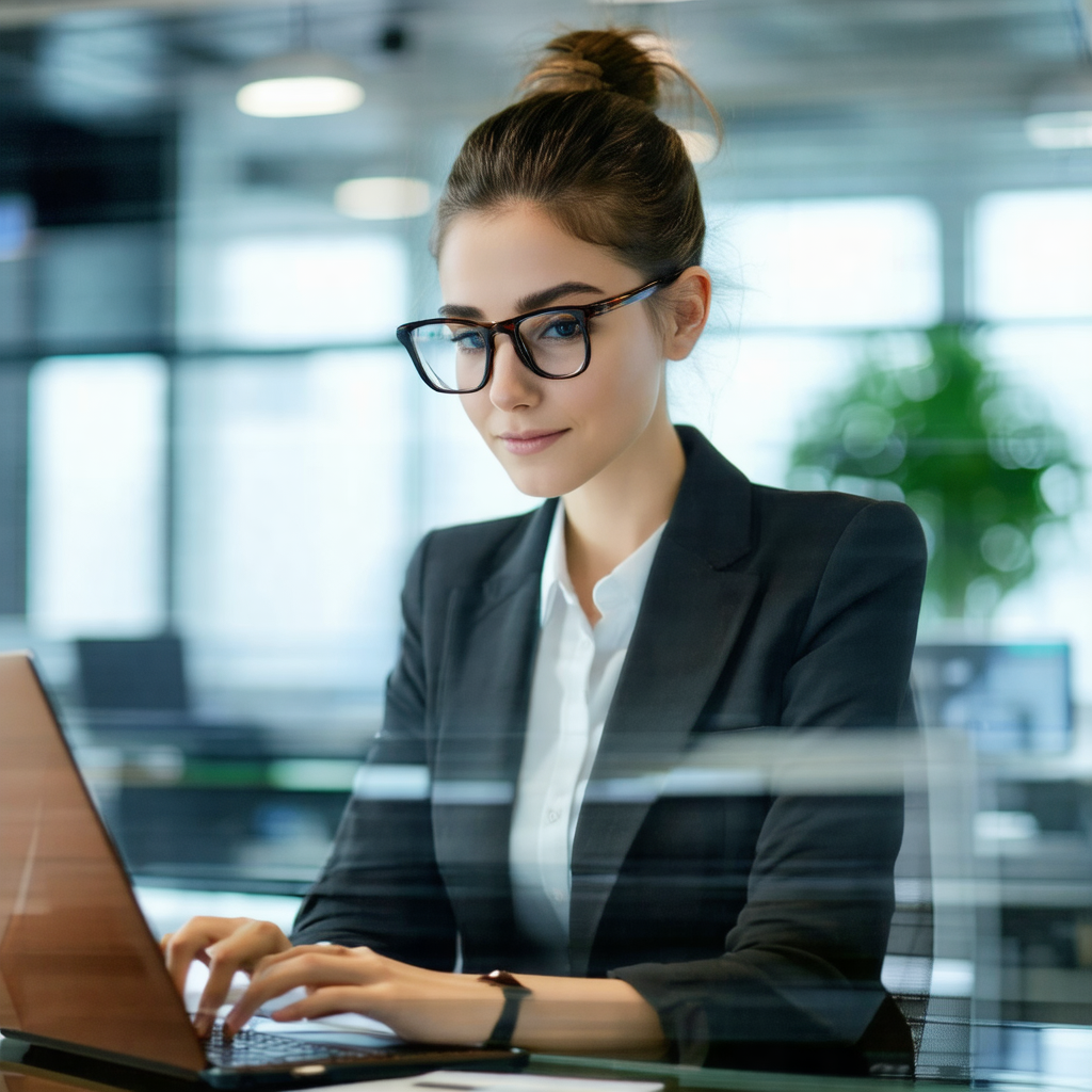 Woman wearing glasses, sitting at a desk and working on a...