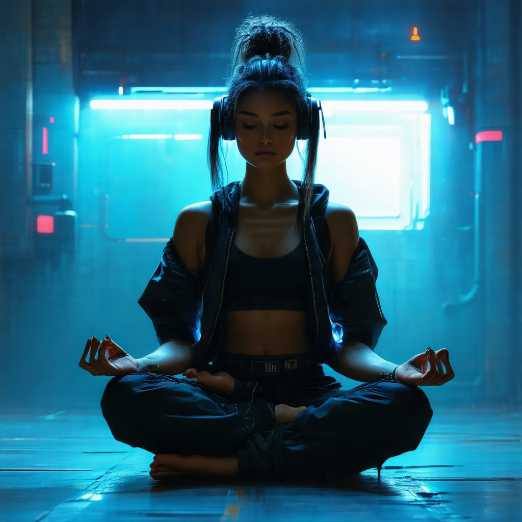 Woman sitting on the floor, wearing headphones and medita...