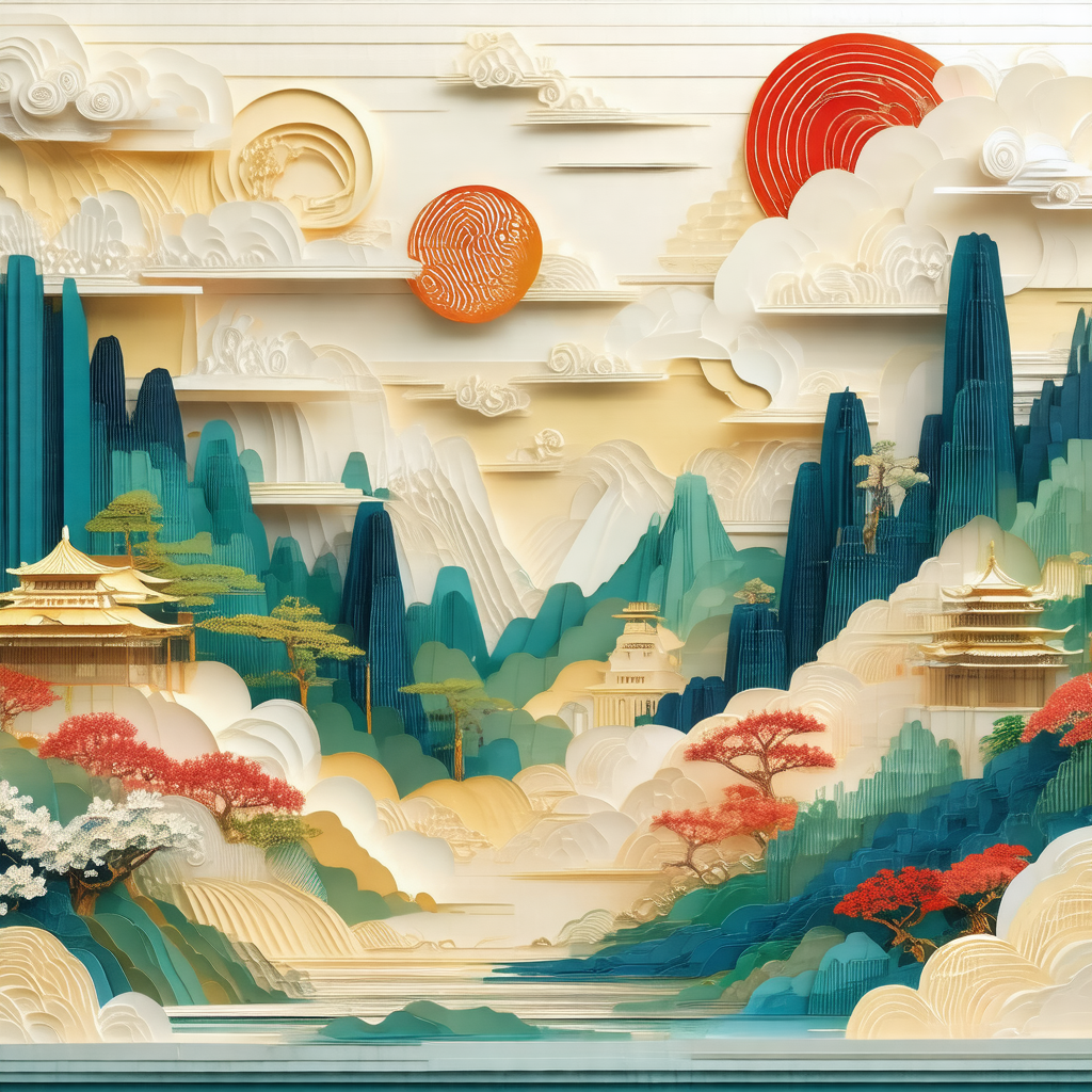 Colorful and intricate paper cutout of a mountainous land...