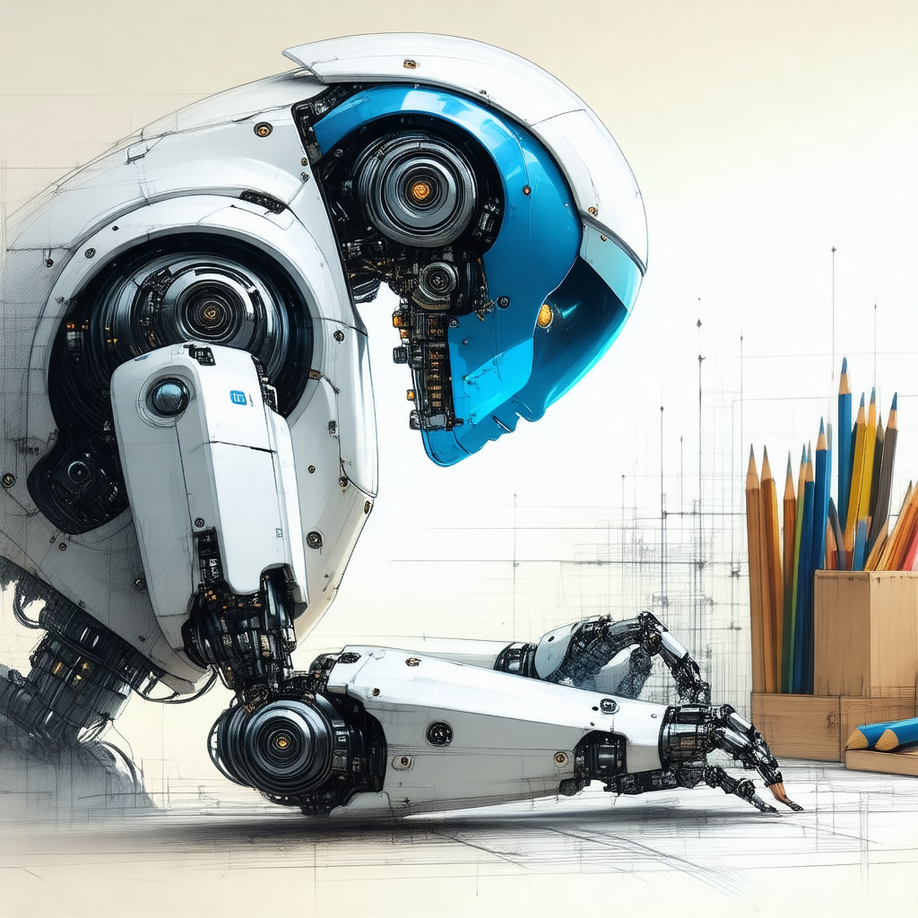 Robot with a blue helmet, sitting on the ground and leani...