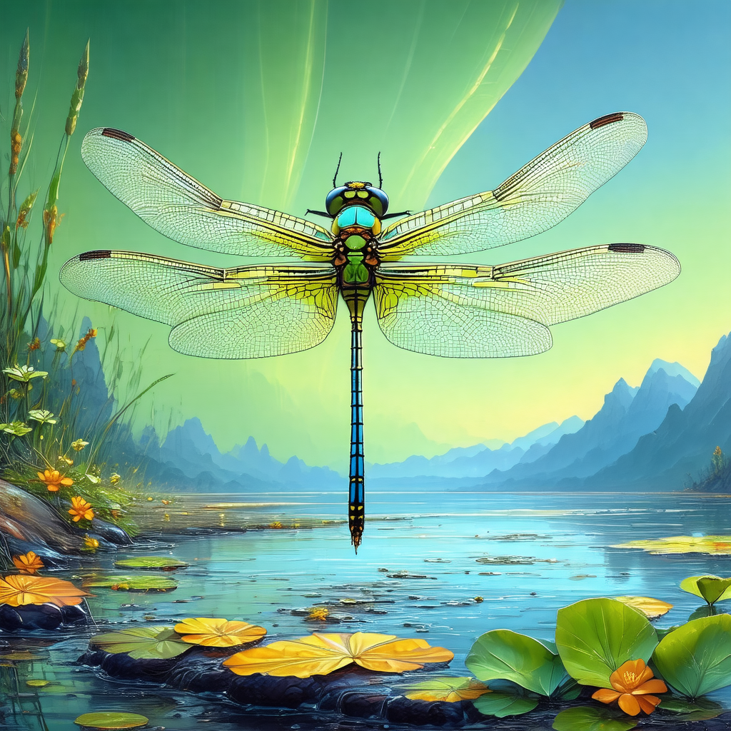 Large dragonfly perched on a rock near a body of water