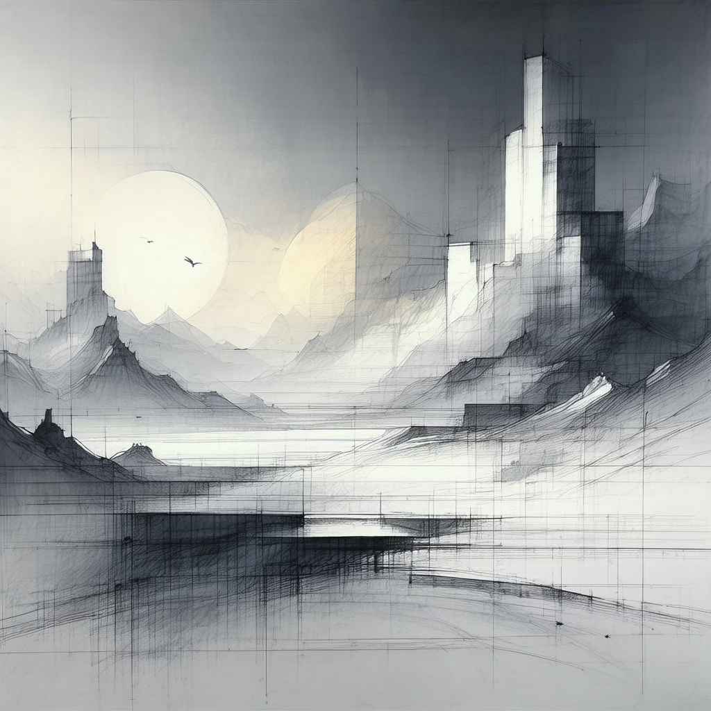 Black and white drawing of a cityscape, featuring a large...