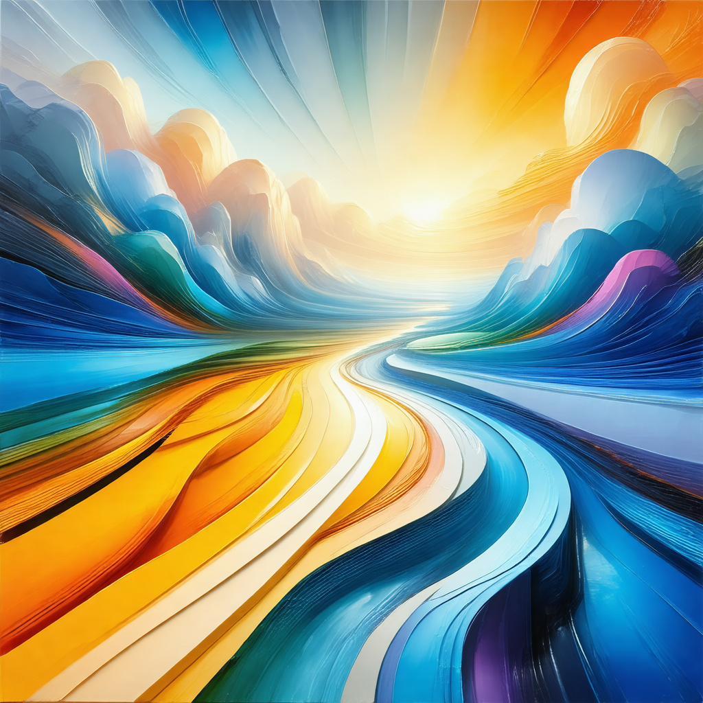 Painting of a colorful sunset with a rainbow in the sky