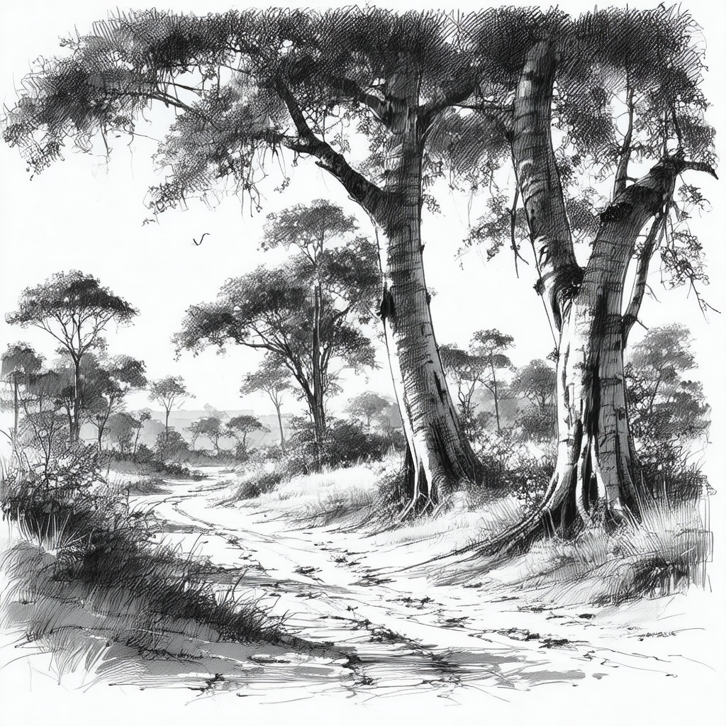 Forest scene with a dirt road running through it