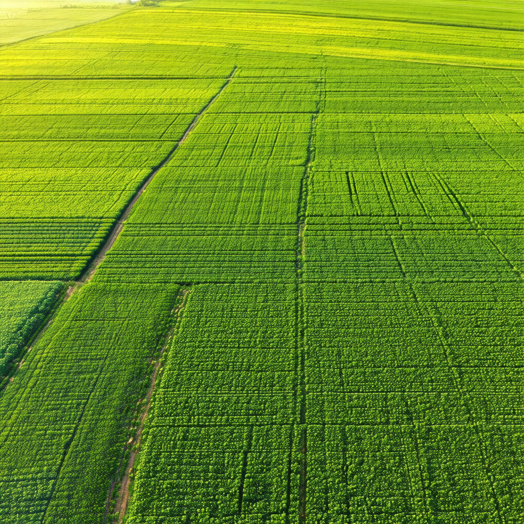 Large, lush green field with a dirt road running through it