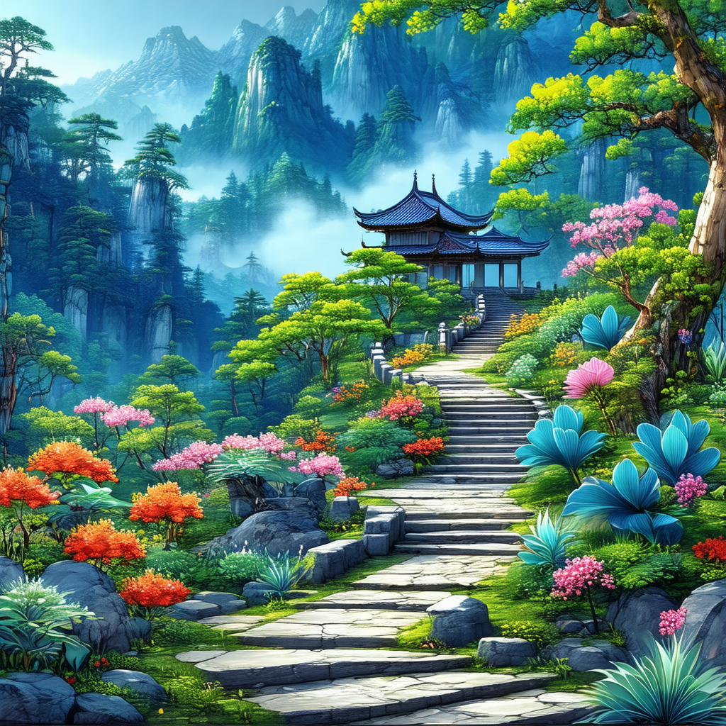 Beautifully drawn painting of a mountainous area with a p...