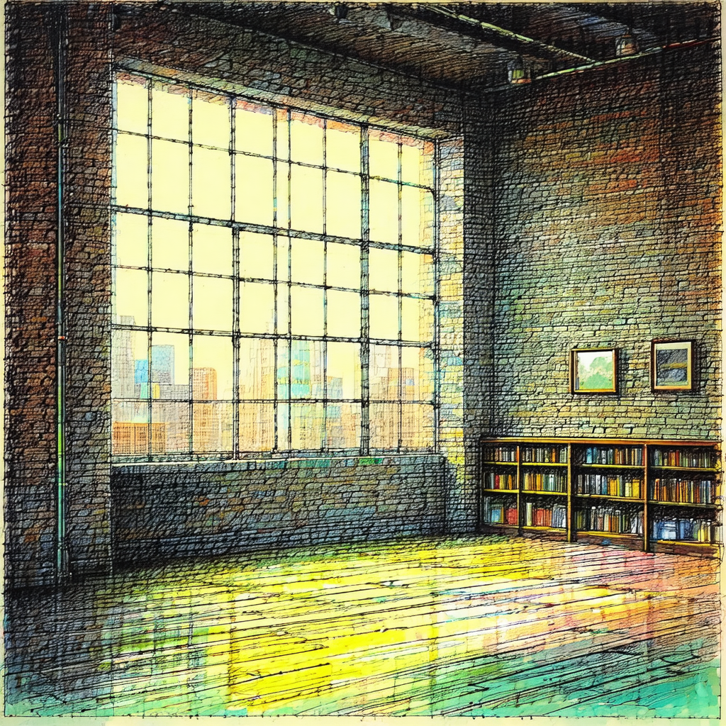 Painting of a room with a large window