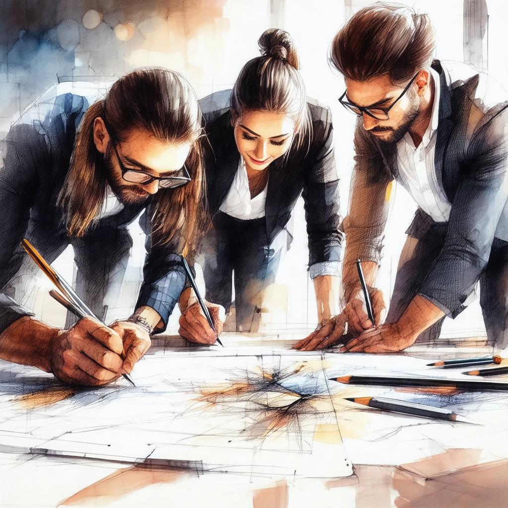 Group of four people, all wearing suits and glasses, gath...