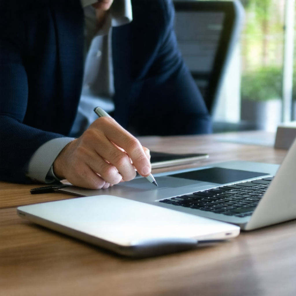 Man wearing a suit and tie, sitting at a desk and writing...