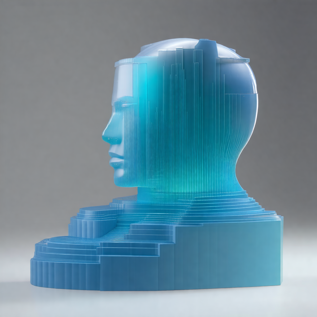 Blue, three-dimensional head sculpture, which appears to ...