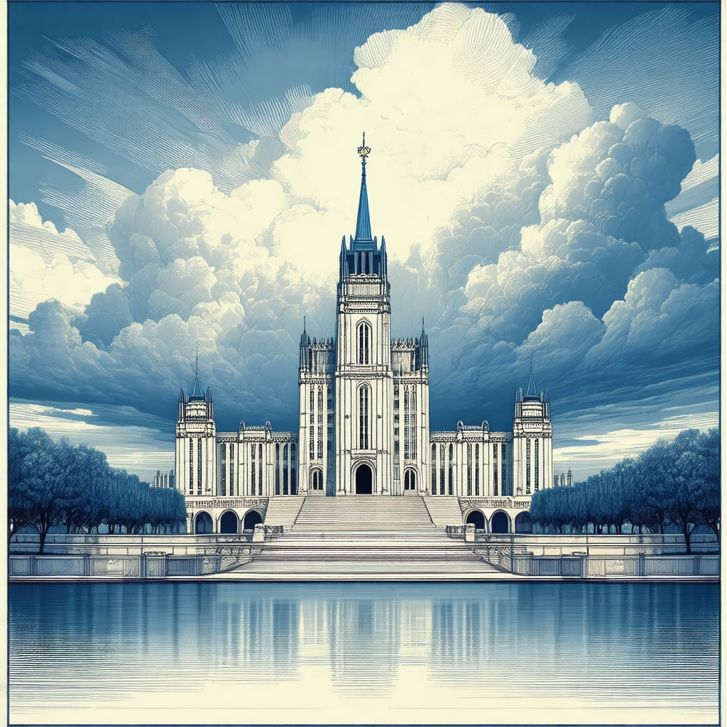 Blue and white painting of a large cathedral with a tall ...