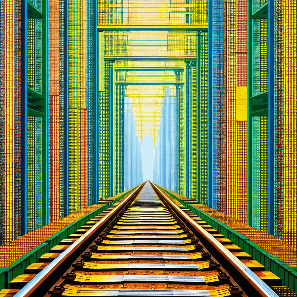 Painting of a train traveling down a track