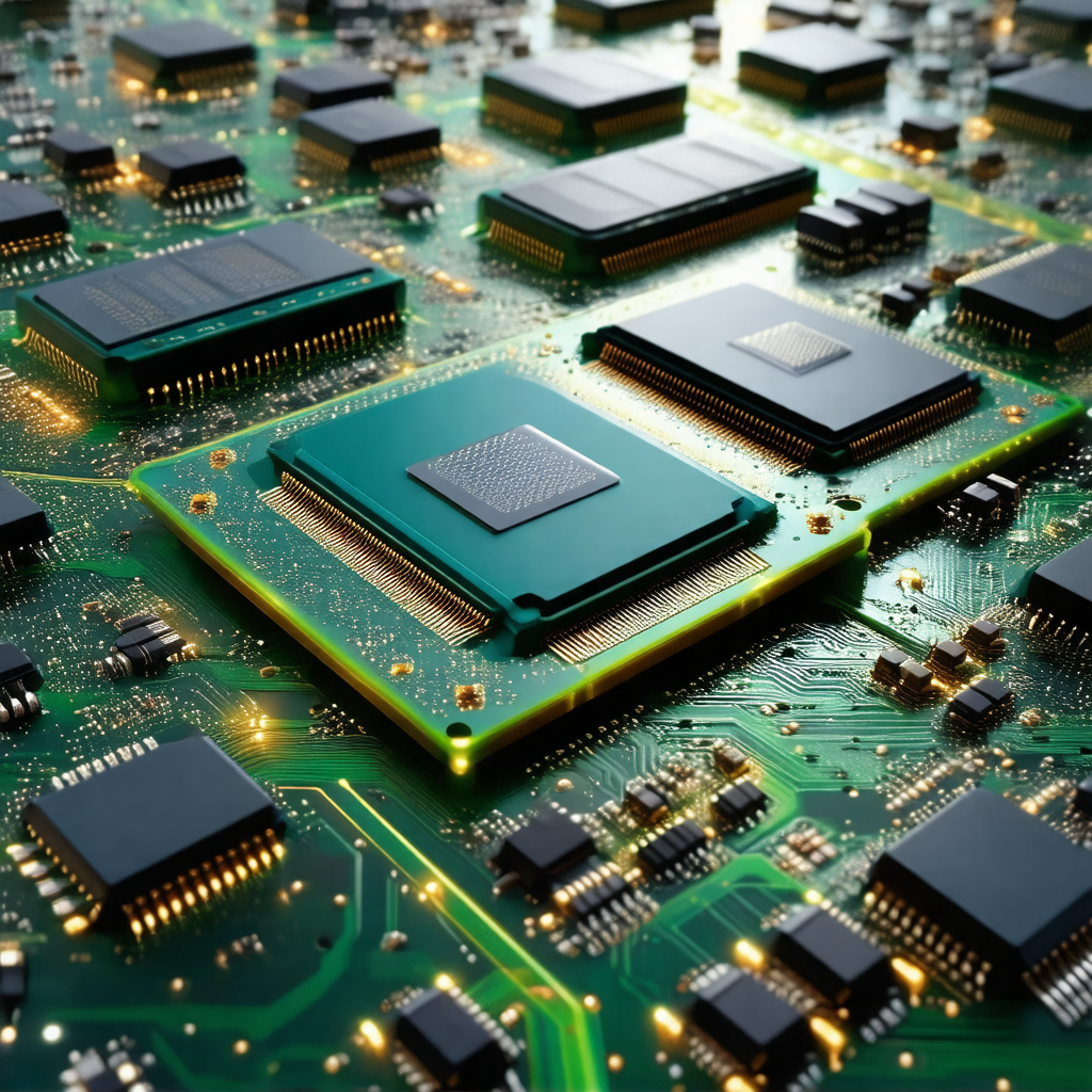 Close-up of a computer circuit board with a green square ...
