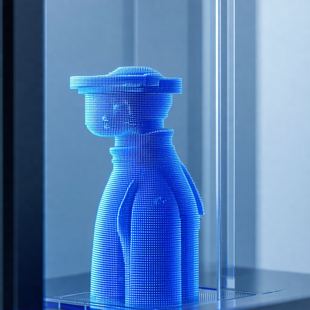 Blue, three-dimensional sculpture of a person's head