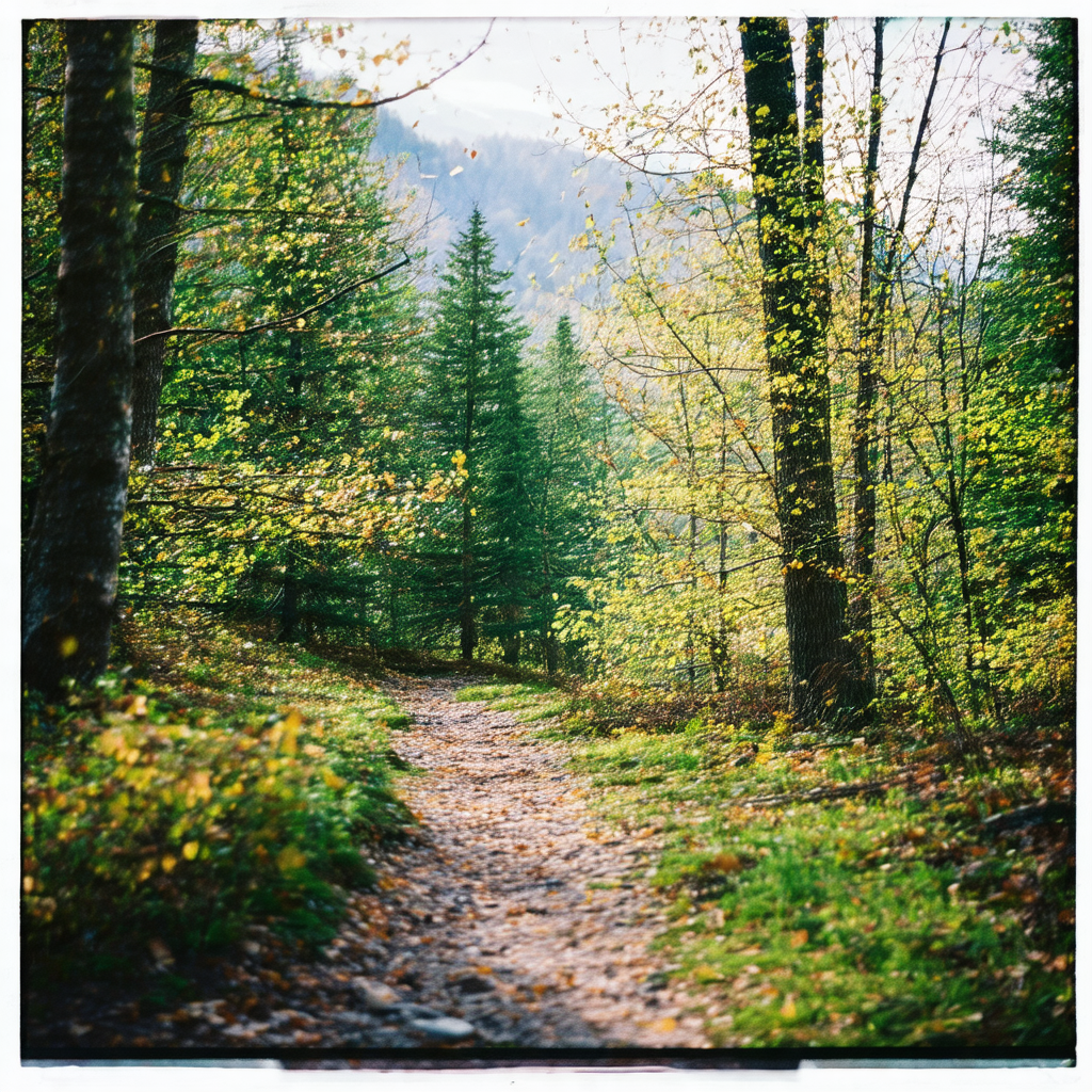 Serene forest scene with a dirt path leading through the ...