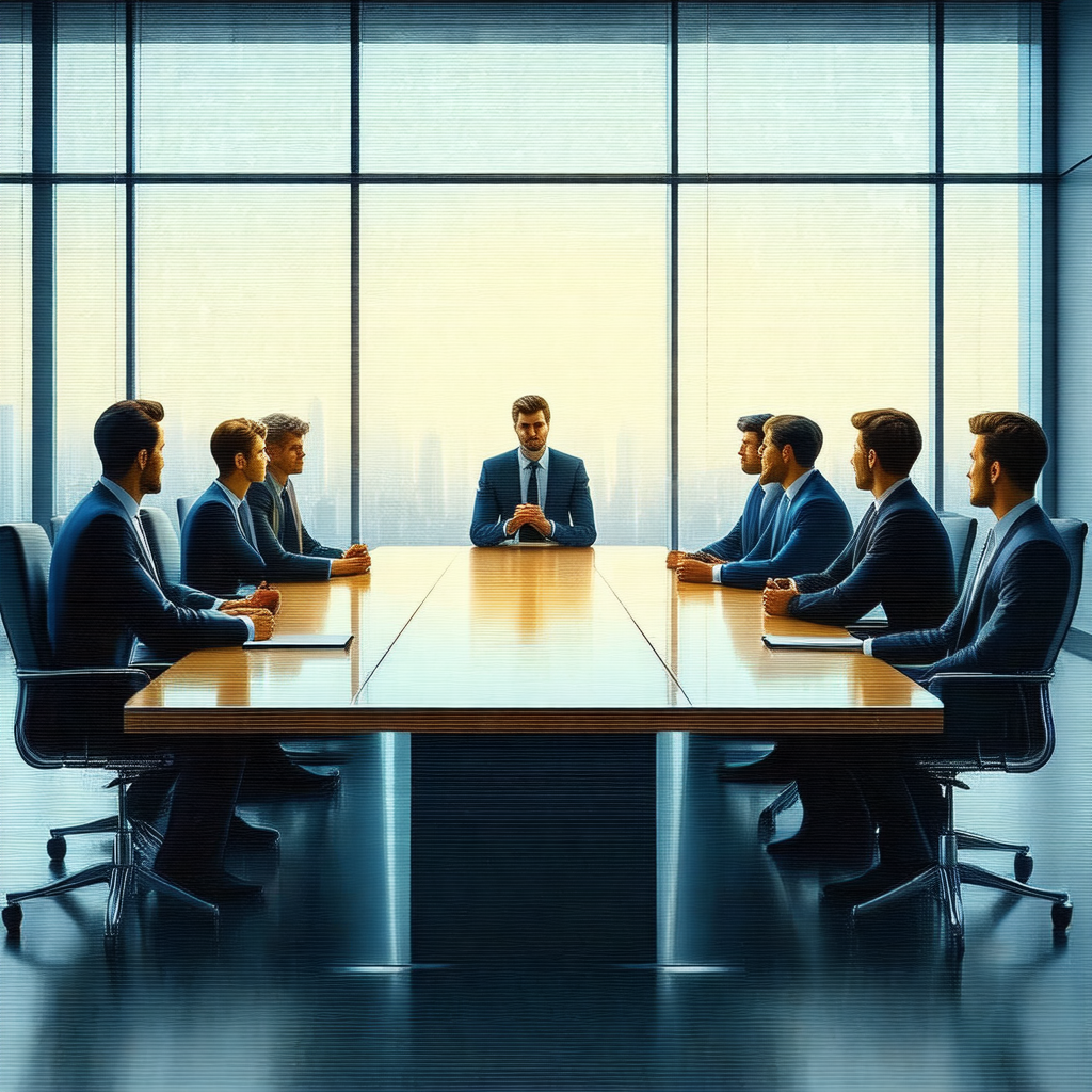 Group of men dressed in suits, sitting around a large woo...