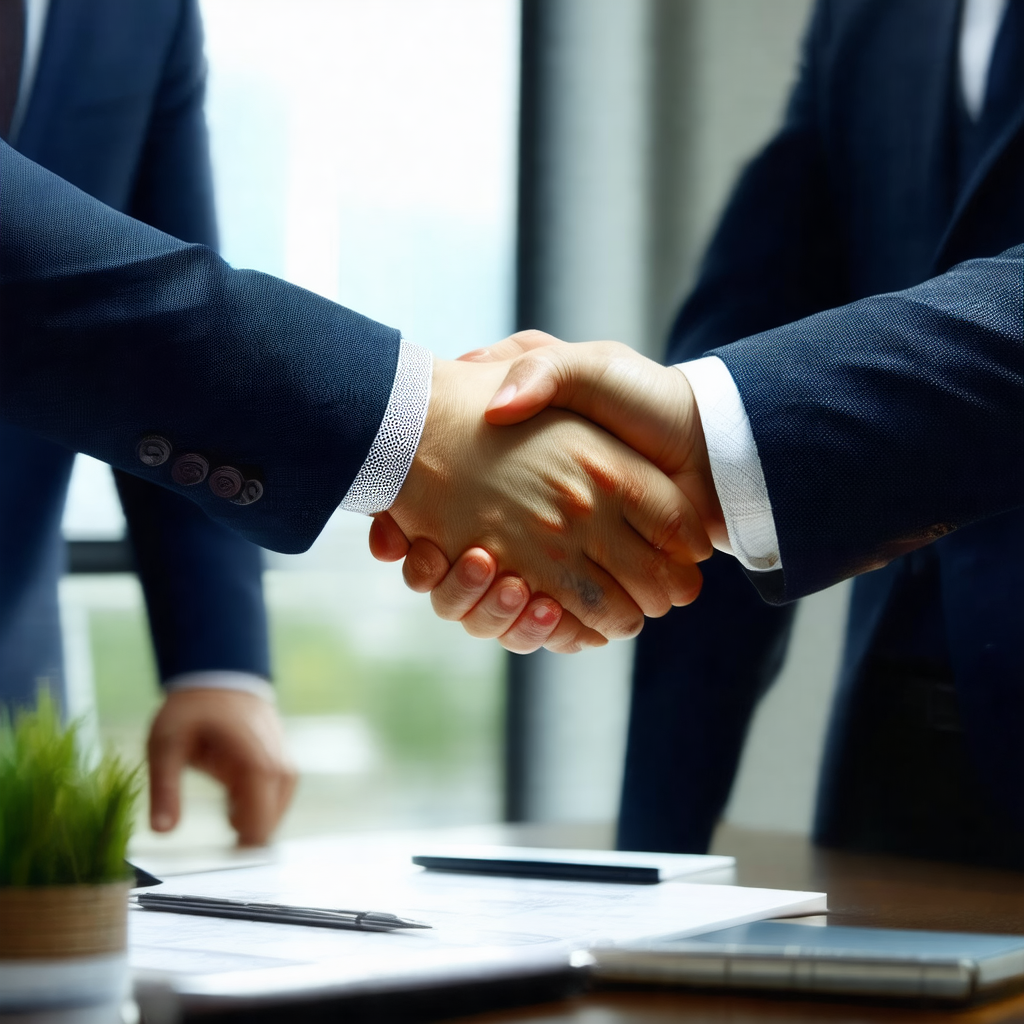 Two men in suits shaking hands in a professional setting
