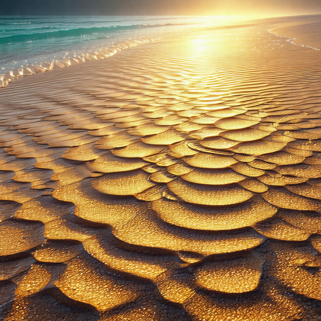 Captures a beautiful beach scene with a golden sunset in ...