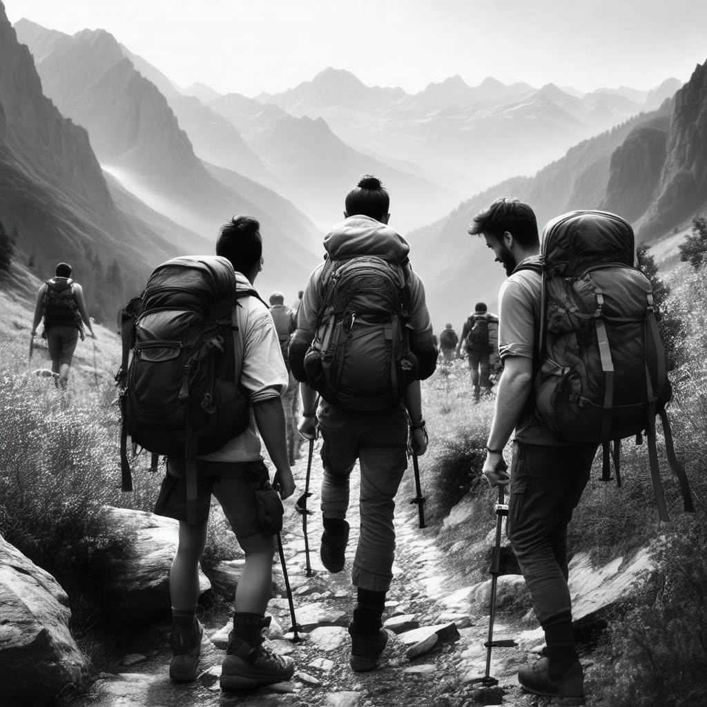 Black and white photo of a group of people hiking up a mo...