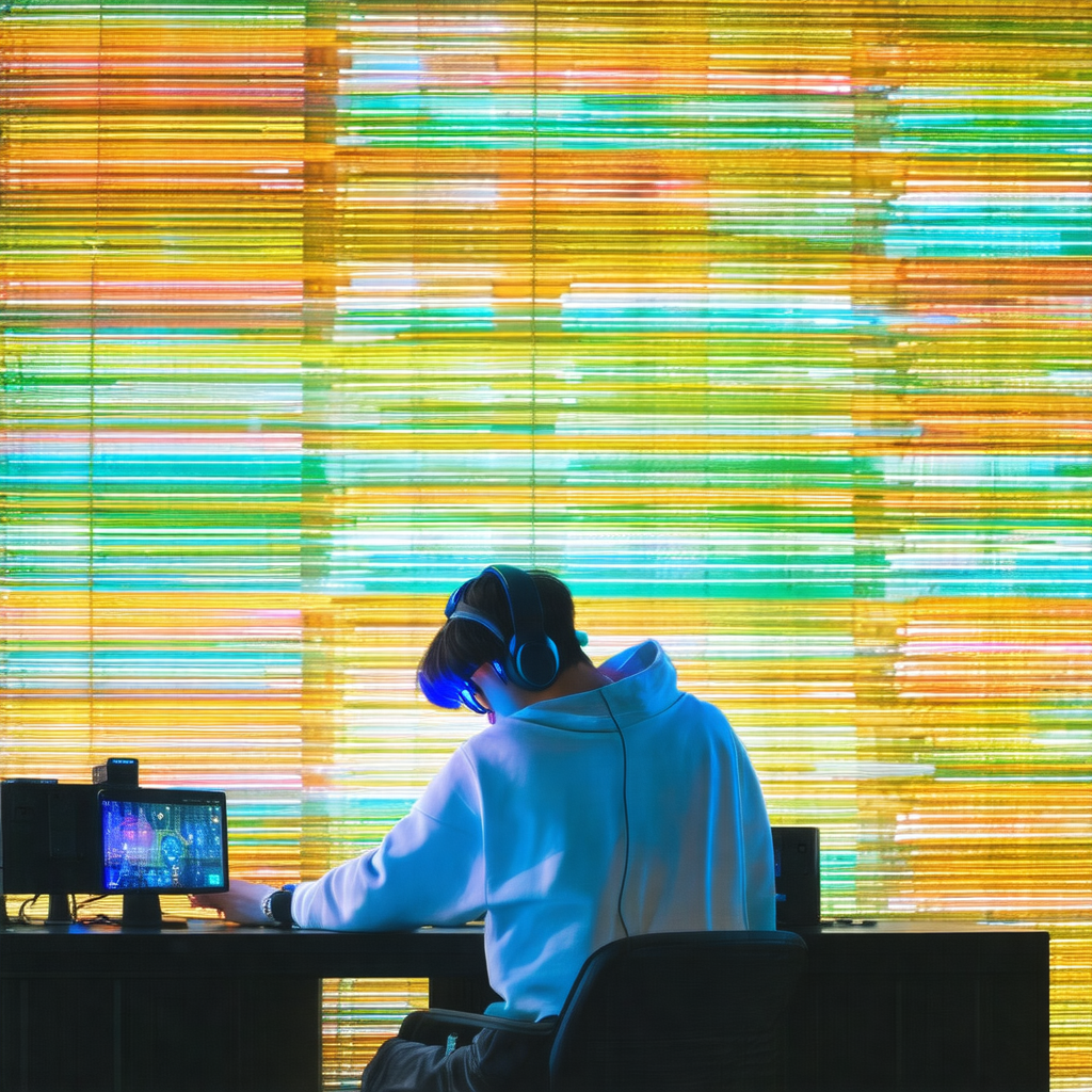 Man sitting at a desk, wearing headphones and working on ...