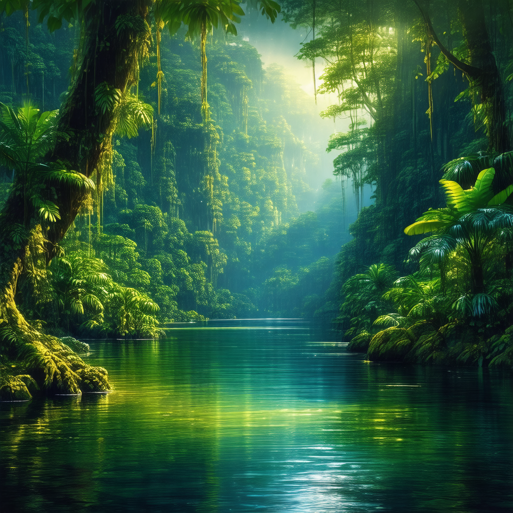 Serene scene of a river flowing through a lush, green forest