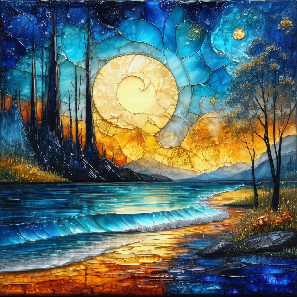 Beautiful painting of a sunset over a body of water, poss...
