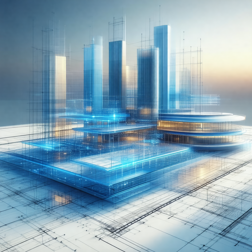 Blue and white drawing of a large building, possibly a sk...