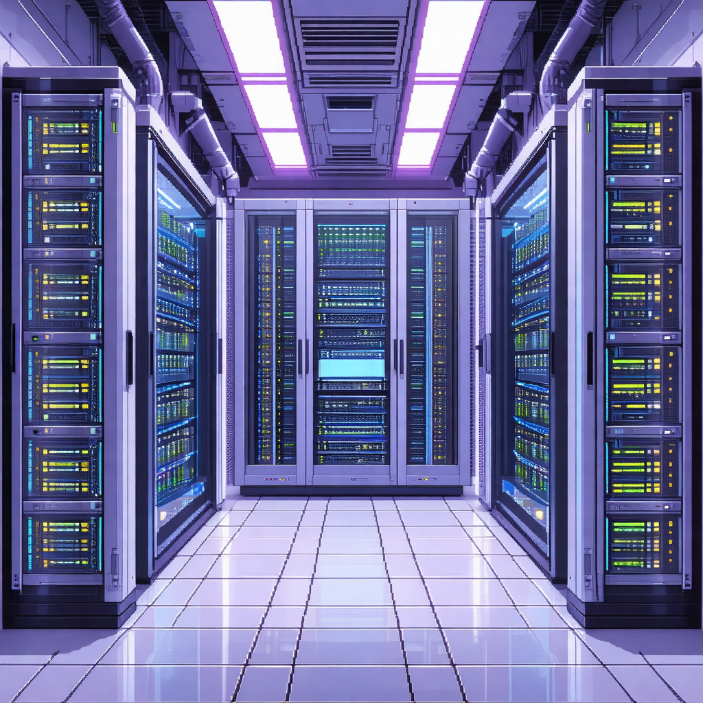 Purple and white drawing of a computer server room