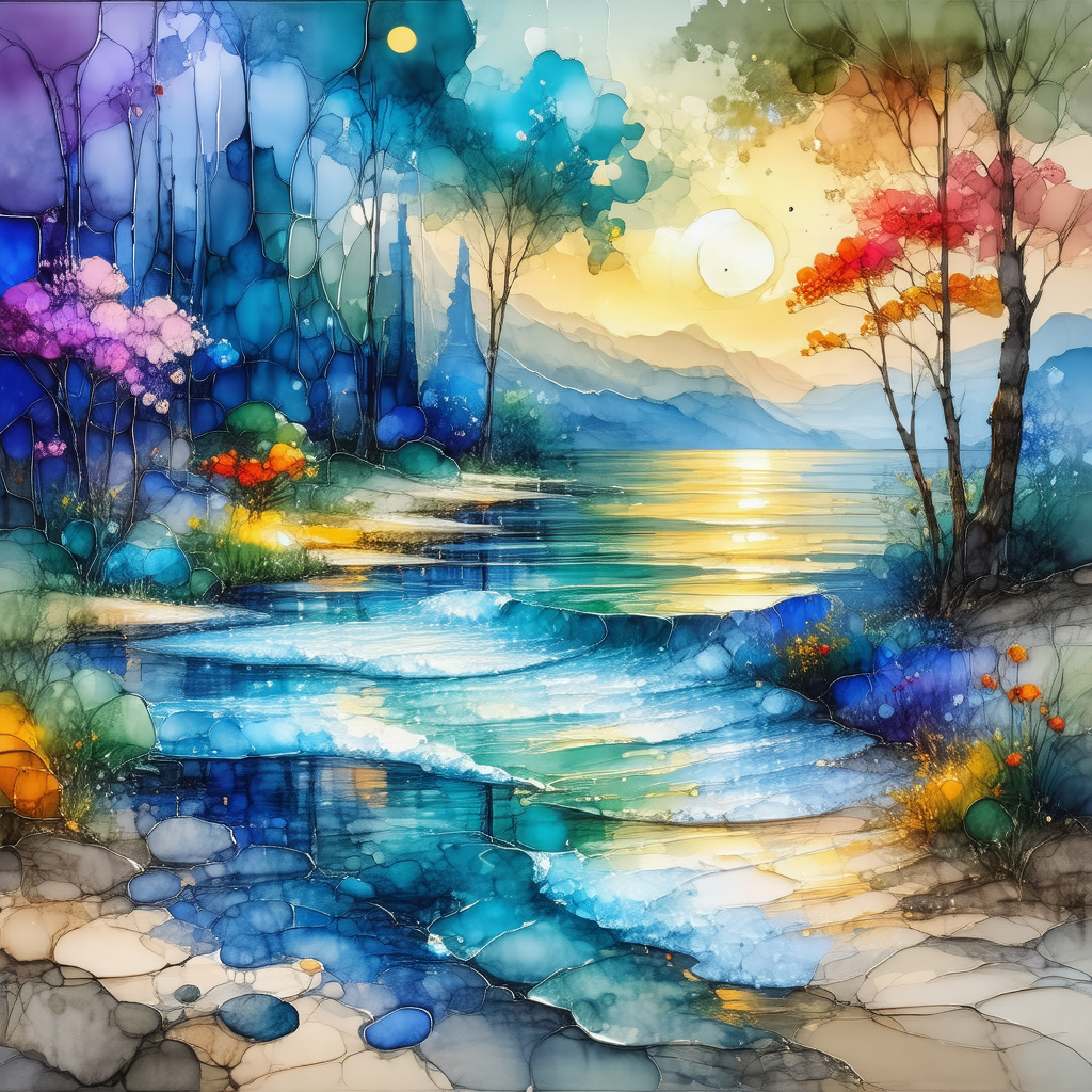 Beautiful watercolor painting of a serene landscape featu...