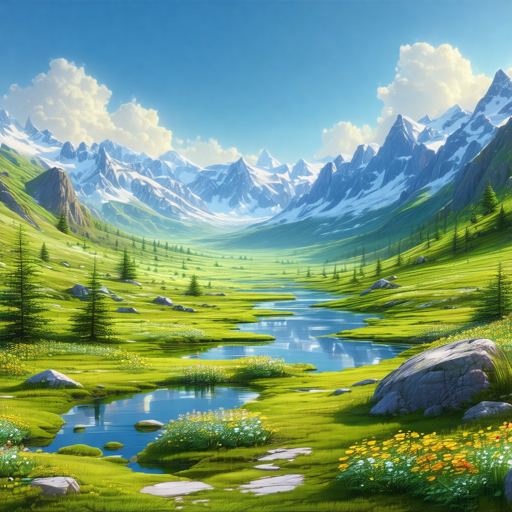 Beautiful, lush green valley with a river flowing through it