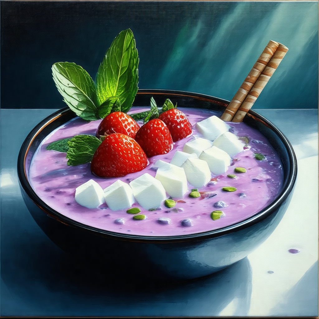 Bowl filled with a delicious dessert, which includes stra...