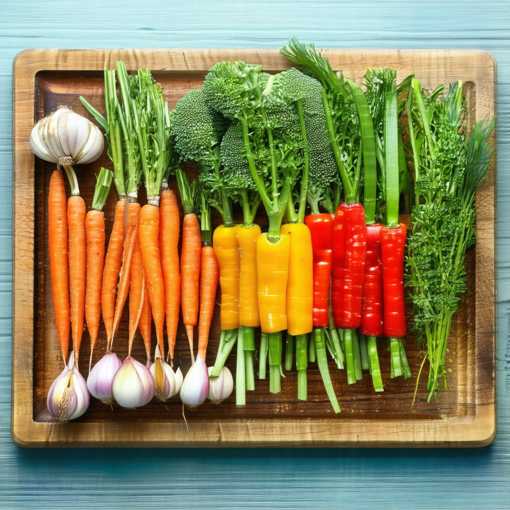 Wooden cutting board with a variety of vegetables arrange...