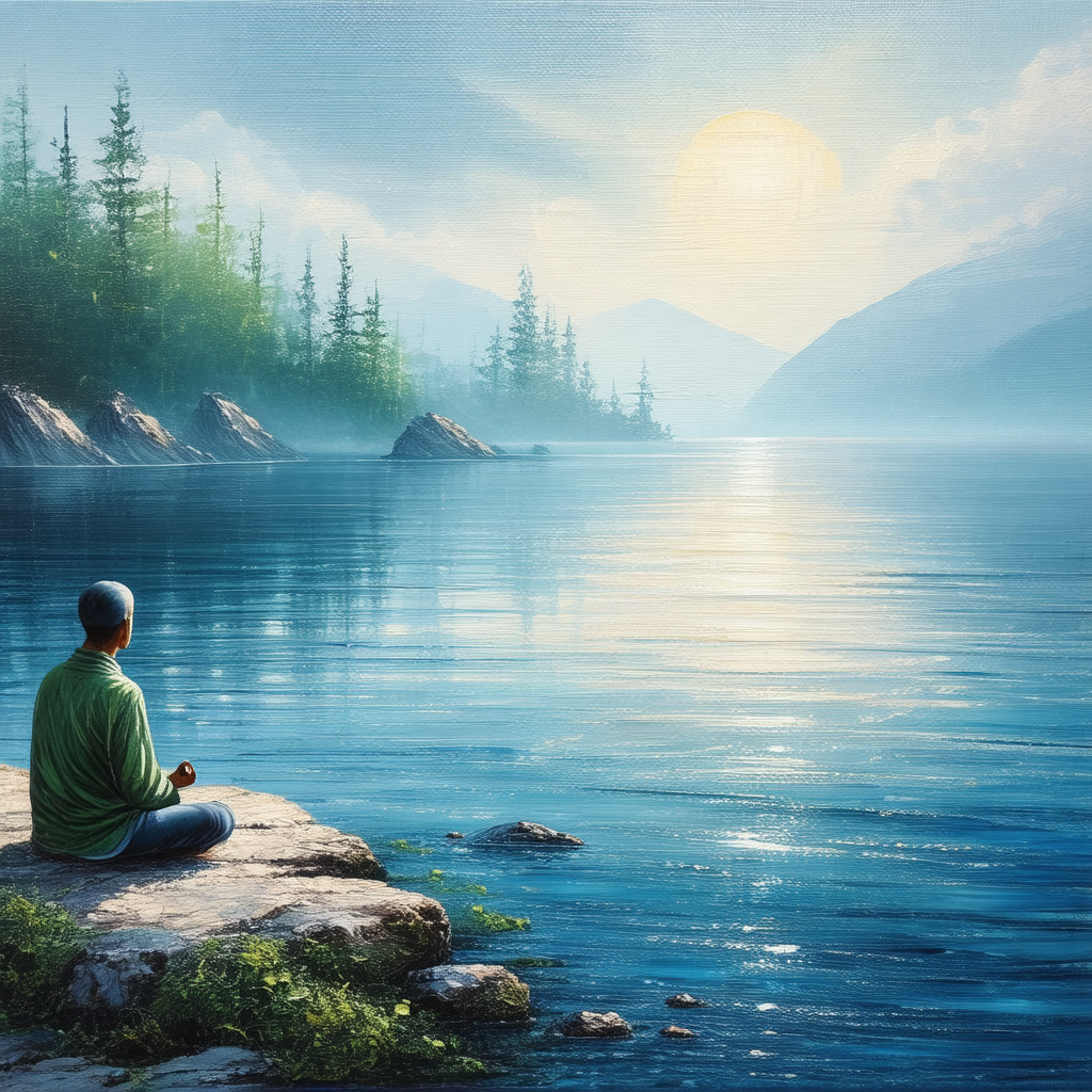 Man sitting on a rock near a body of water, possibly a la...