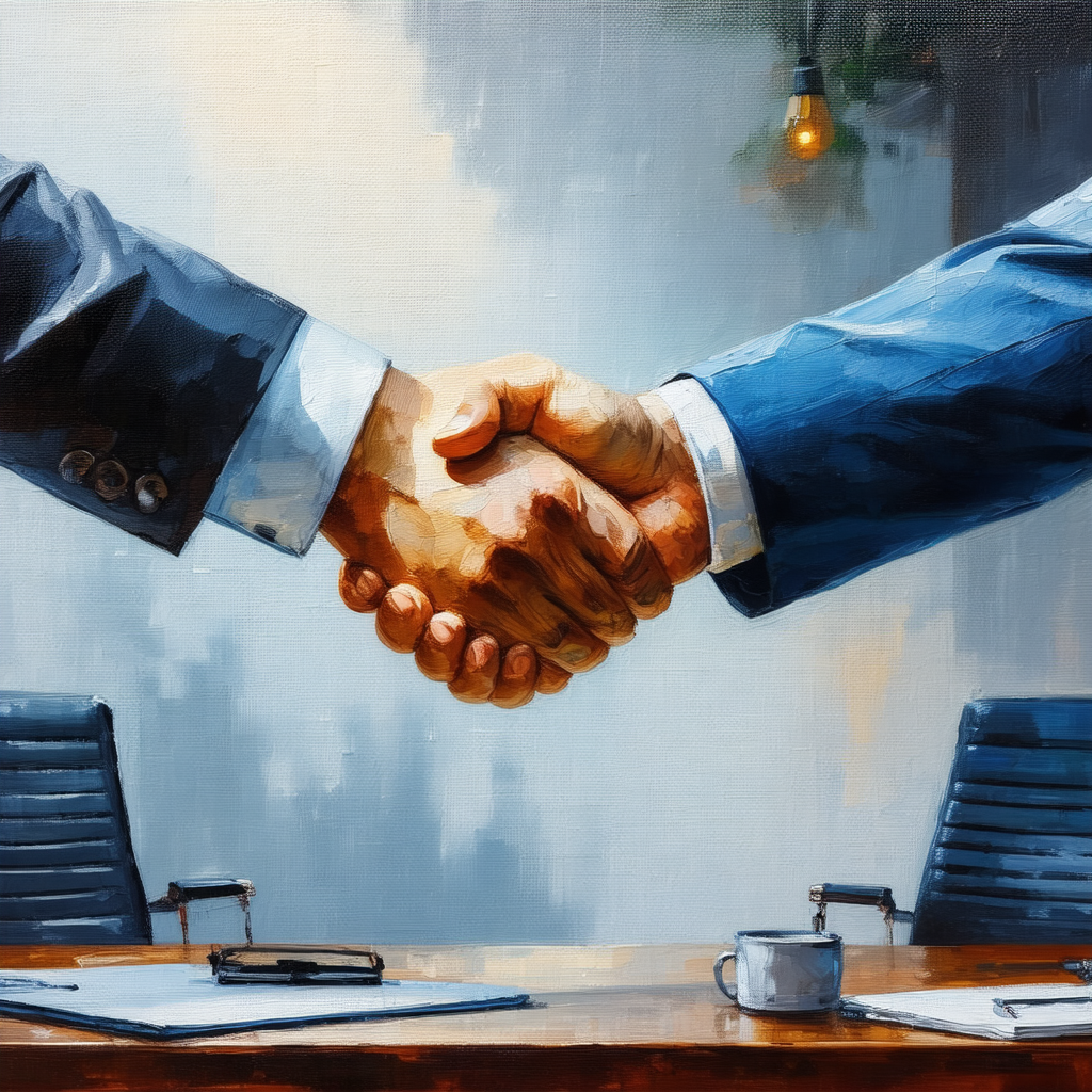 Man and a woman shaking hands in a business setting