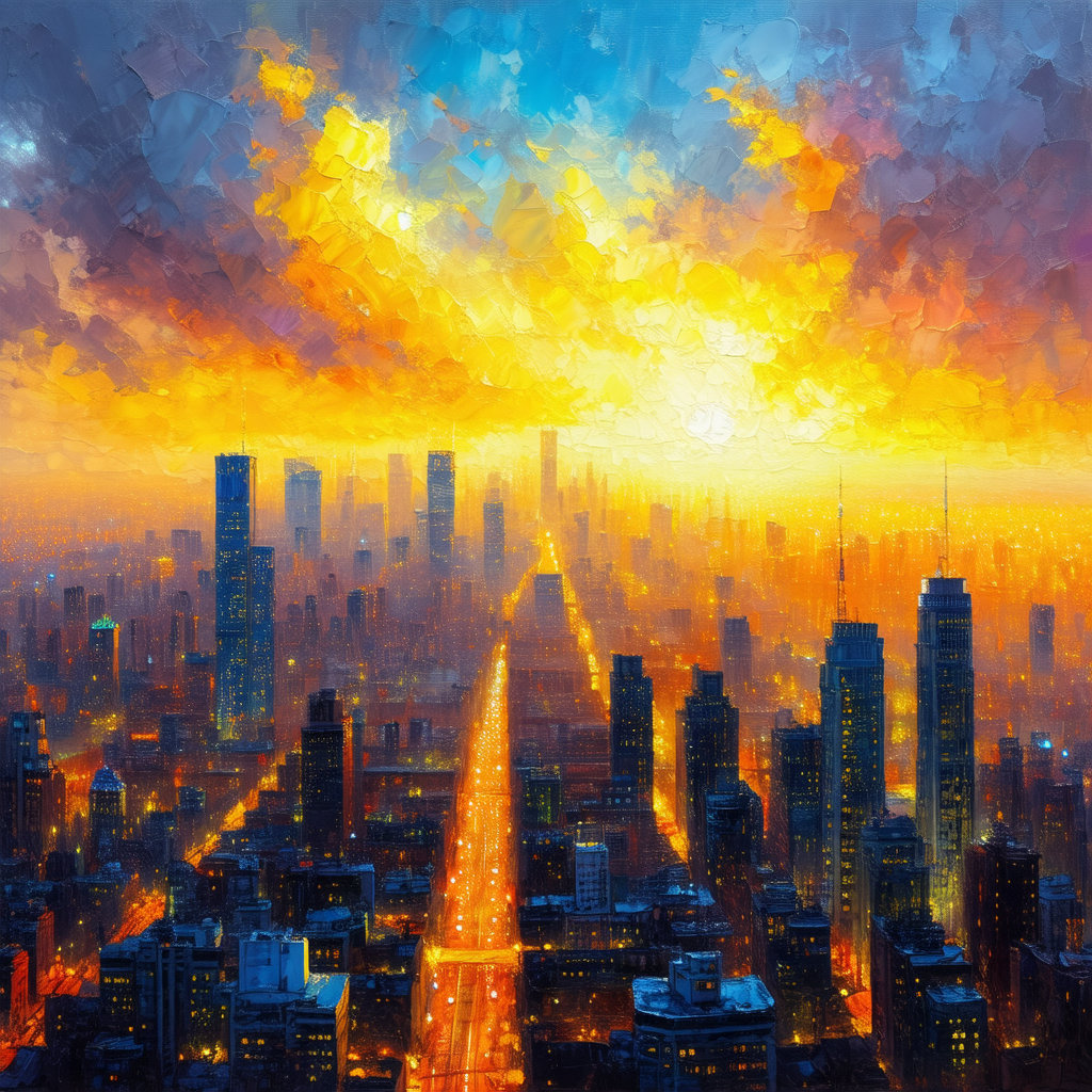 Painting of a city at sunset, with a beautiful orange sky