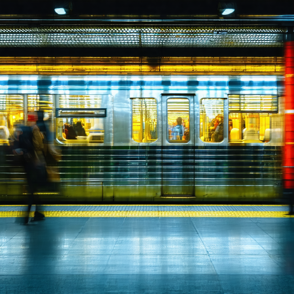 Captures a busy subway station with a train pulling into ...