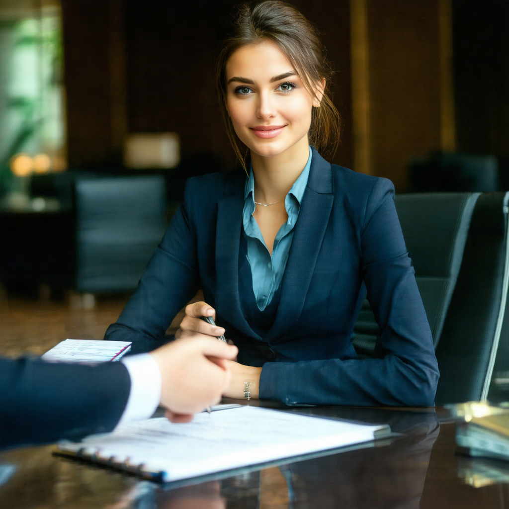 Woman wearing a suit and tie, sitting at a desk and smiling