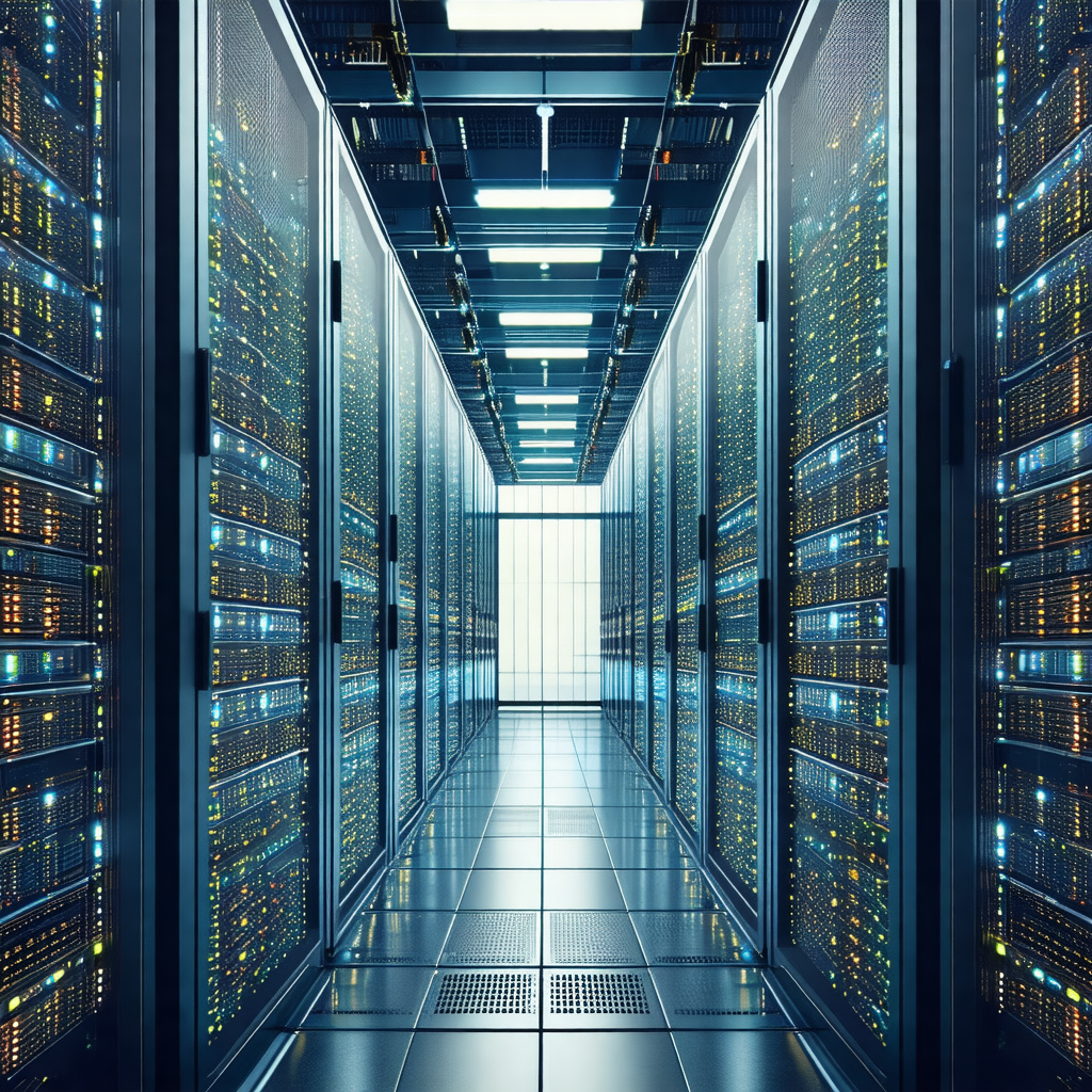 Large, well-lit data center with rows of servers and stor...