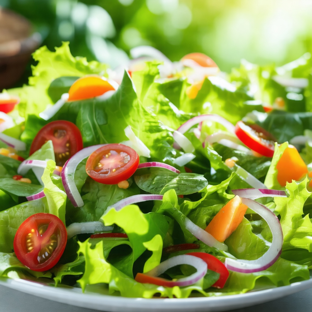 Large salad with a variety of vegetables, including tomat...