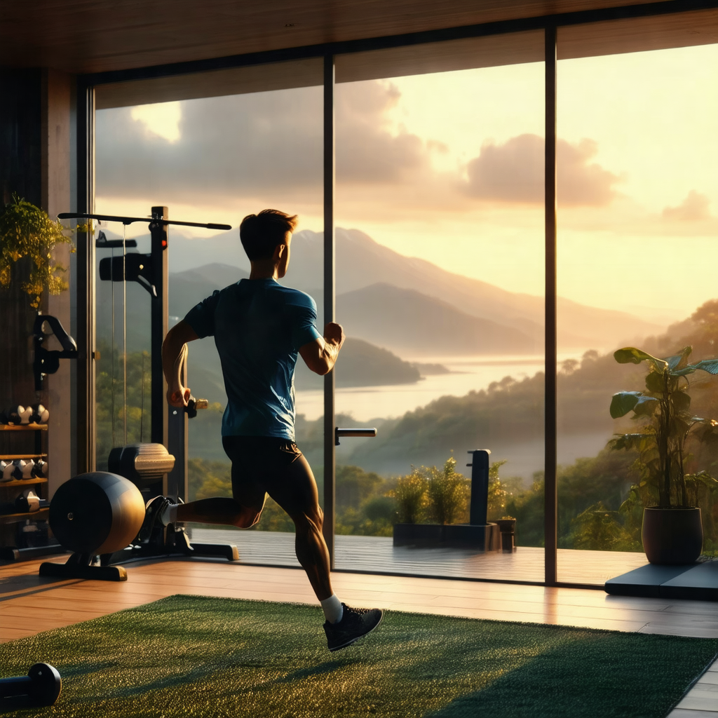 Man running in a gym, with a large window behind him