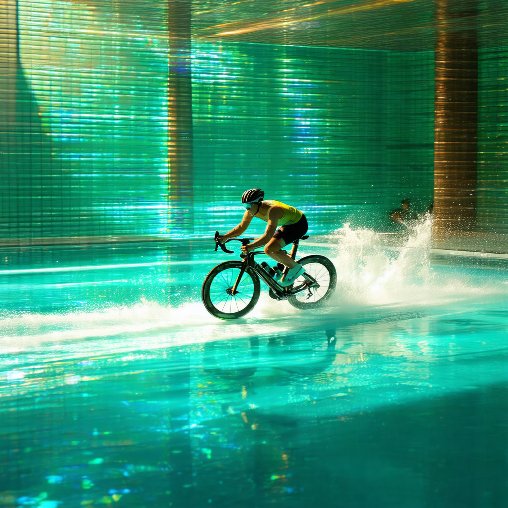Man riding a bicycle on a water surface, possibly a swimm...