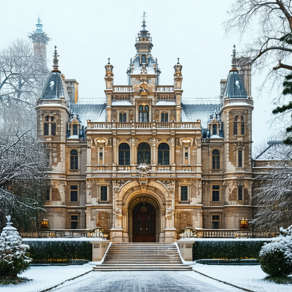 Large, ornate building with a snow-covered roof