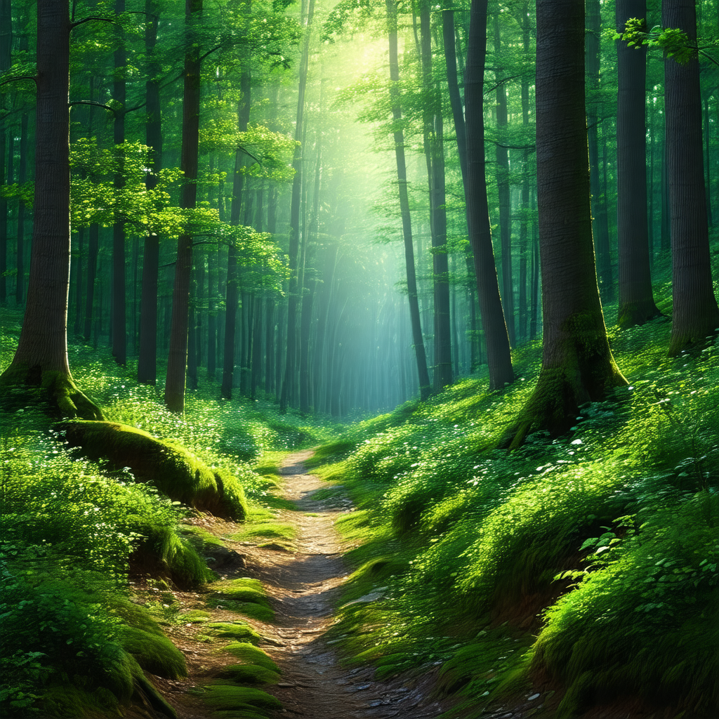 Serene forest scene with a dirt path running through the ...